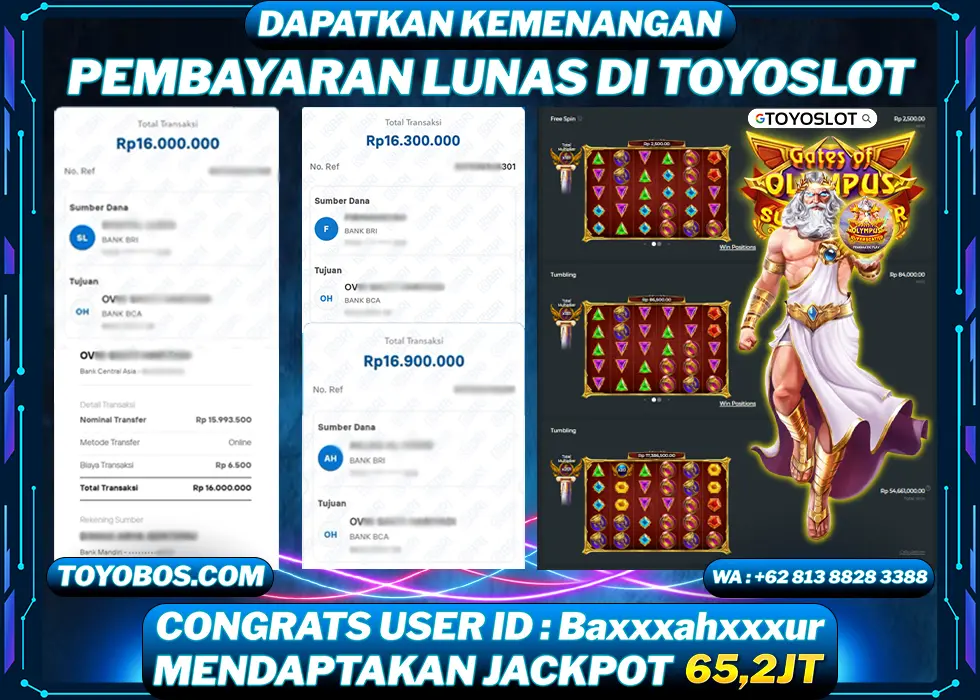 TOYOSLOT - BUKTI KEMENANGAN JACKPOT Gates of Olympus Super Scatter Rp65,200,000,- LUNAS
