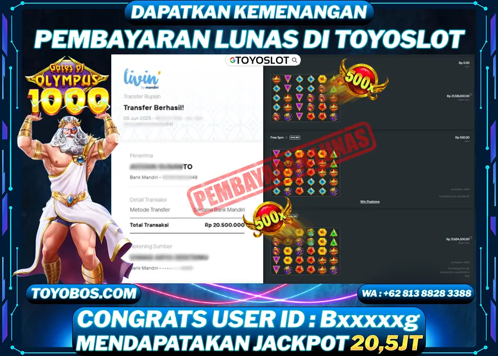 TOYOSLOT - BUKTI KEMENANGAN Gates of Olympus 1000 Rp20,500,000,- LUNAS
