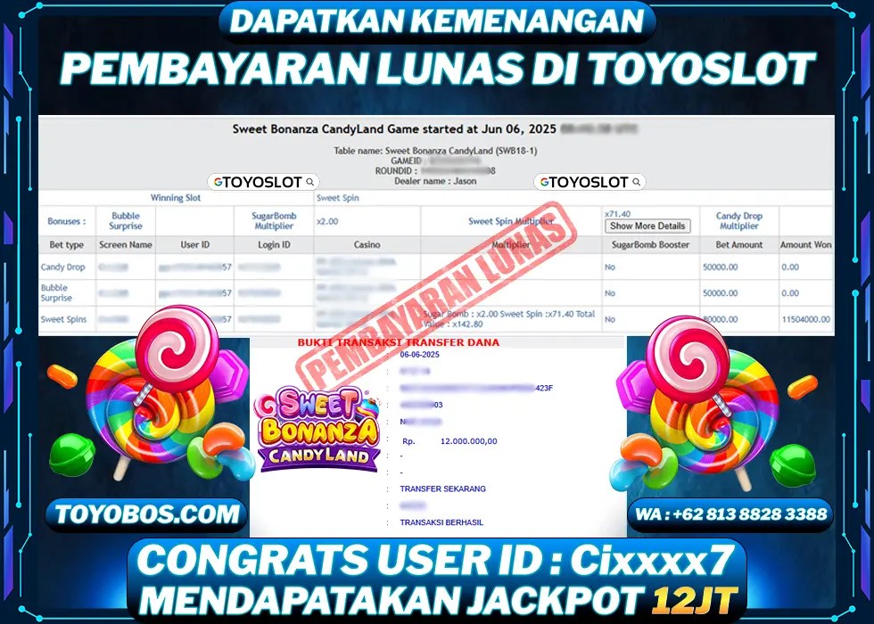 TOYOSLOT - BUKTI KEMENANGAN Sweet Bonanza CandyLand Rp12,000,000,- LUNAS