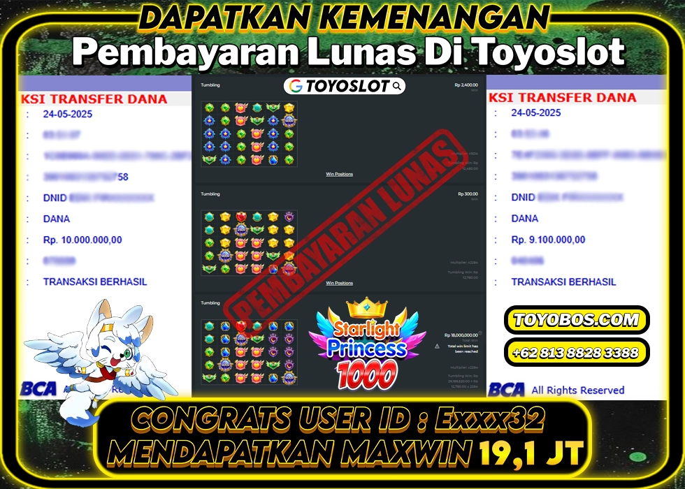 TOYOSLOT - BUKTI KEMENANGAN MAXWIN Starlight Princess 1000 Rp19,100,000,- LUNAS