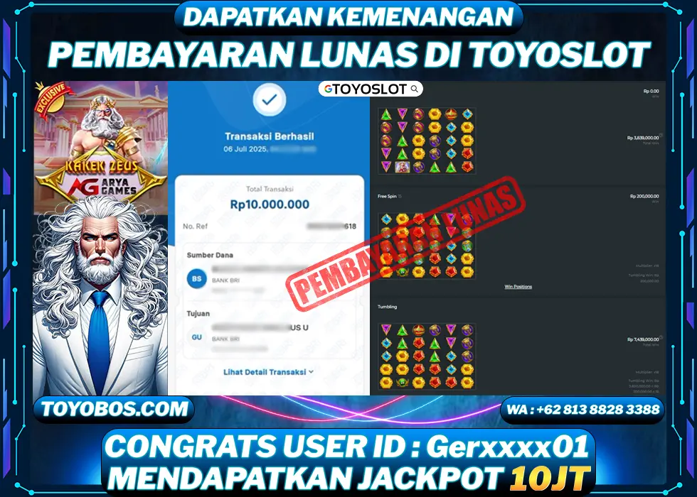 TOYOSLOT - BUKTI KEMENANGAN Kakek Zeus Aryagames Rp10,000,000,- LUNAS