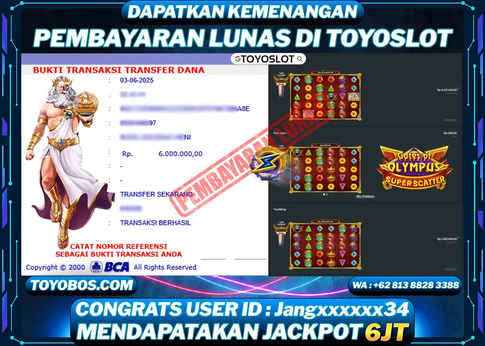 TOYOSLOT - BUKTI KEMENANGAN Gates of Olympus Super Scatter Rp6,000,000,- LUNAS