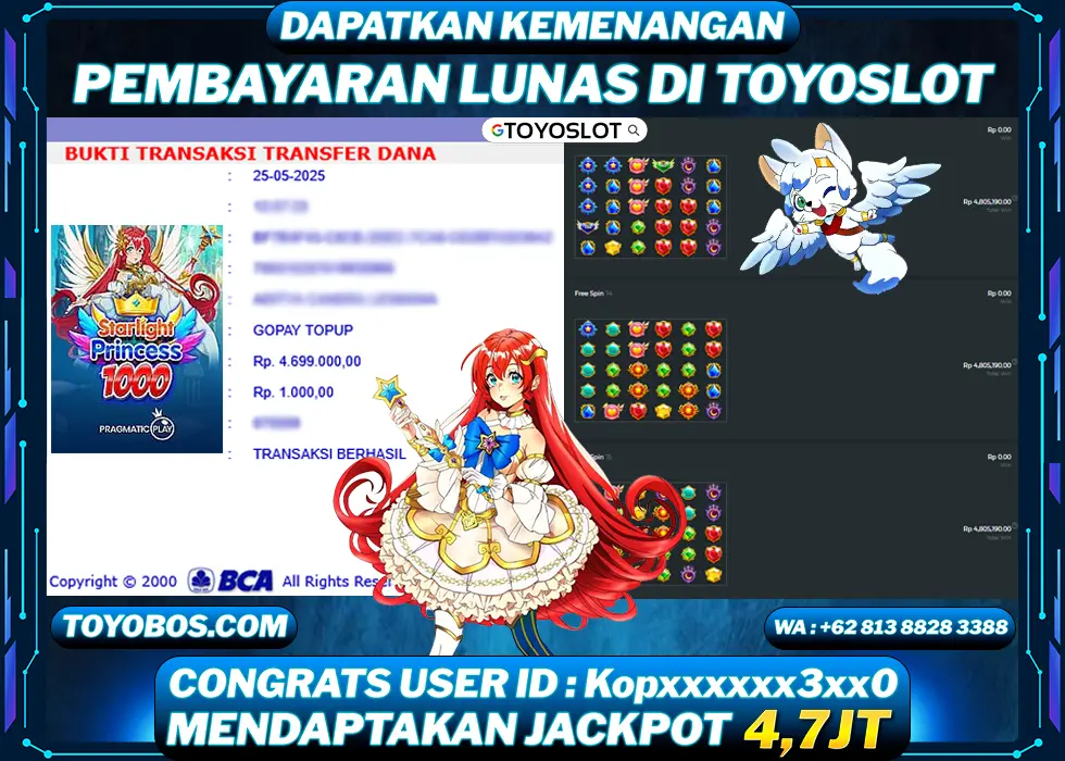 TOYOSLOT - BUKTI KEMENANGAN JACKPOT Starlight Princess 1000 Rp4,700,000,- LUNAS