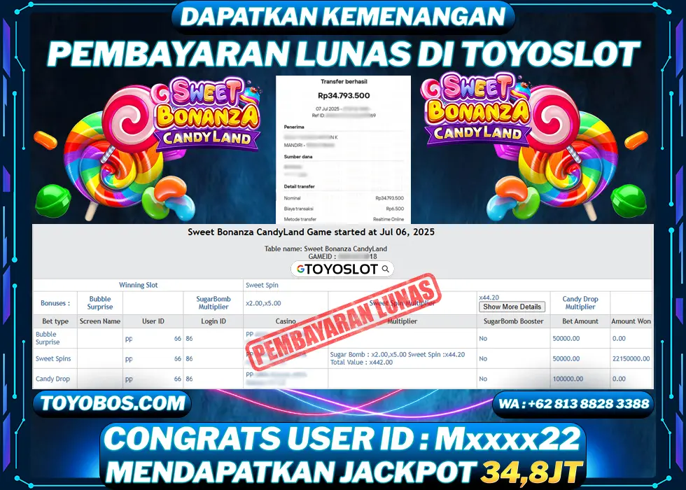 TOYOSLOT - BUKTI KEMENANGAN Sweet Bonanza CandyLand Rp34,800,000,- LUNAS