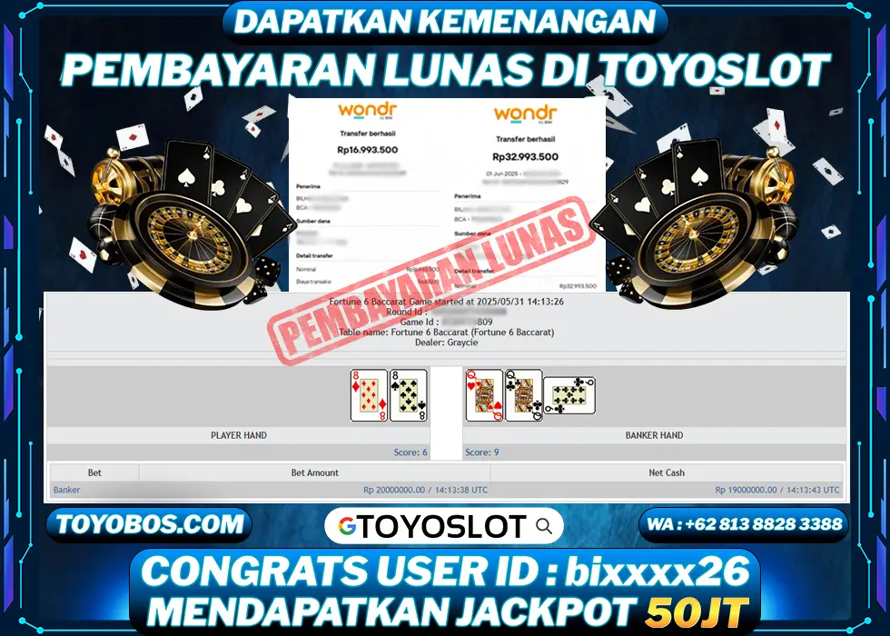 TOYOSLOT - BUKTI KEMENANGAN JACKPOT LIVE CASINO BACCARAT Rp50,000,000,- LUNAS