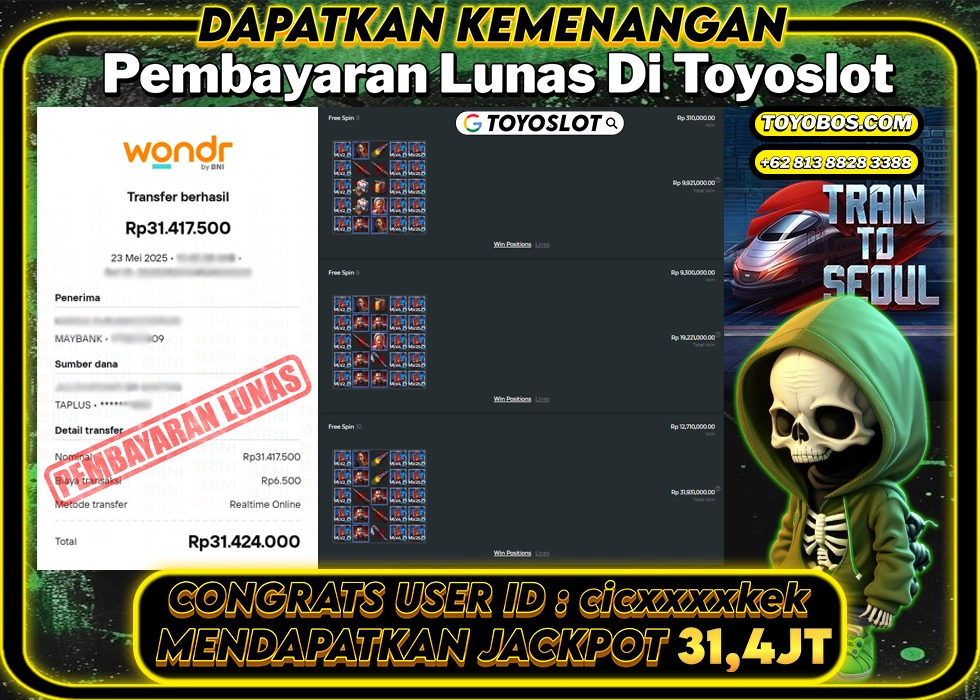 TOYOSLOT - BUKTI KEMENANGAN JACKPOT TRAIN TO SEOUL Rp31,424,000,- LUNAS