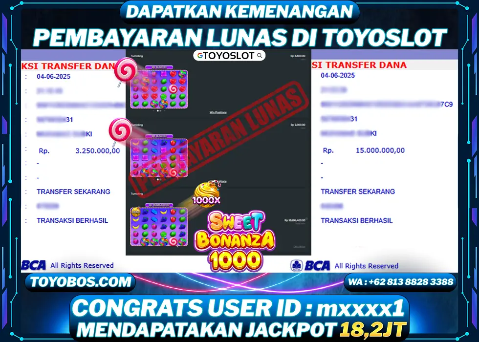 TOYOSLOT - BUKTI KEMENANGAN Sweet Bonanza 1000 Rp18,250,000,- LUNAS