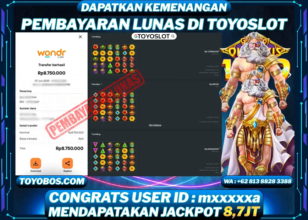 TOYOSLOT - BUKTI KEMENANGAN Gates of Olympus 1000 Rp8,750,000,- LUNAS